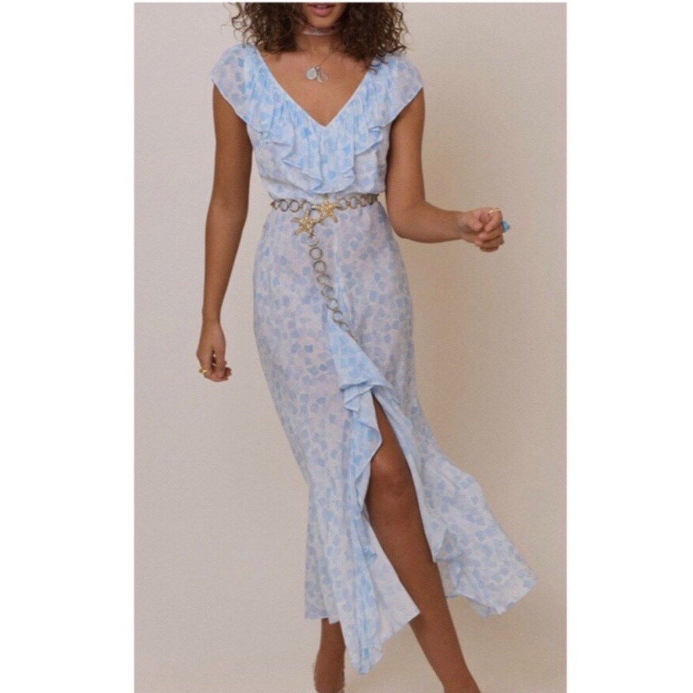 RIXO AntoInette Pebble Shell Blue Cap Sleeves Midi Dress With Slit Size L